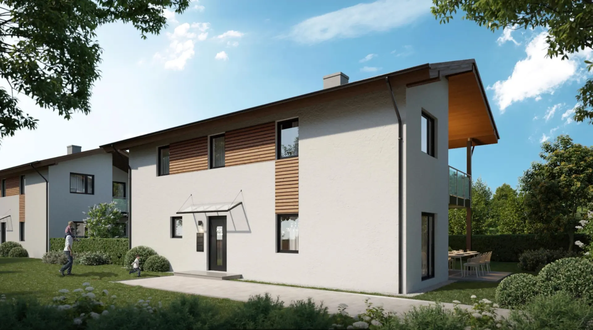 Visualisierung Bauprojekt Burgkirchen, Straßenansicht mit Holzfassade