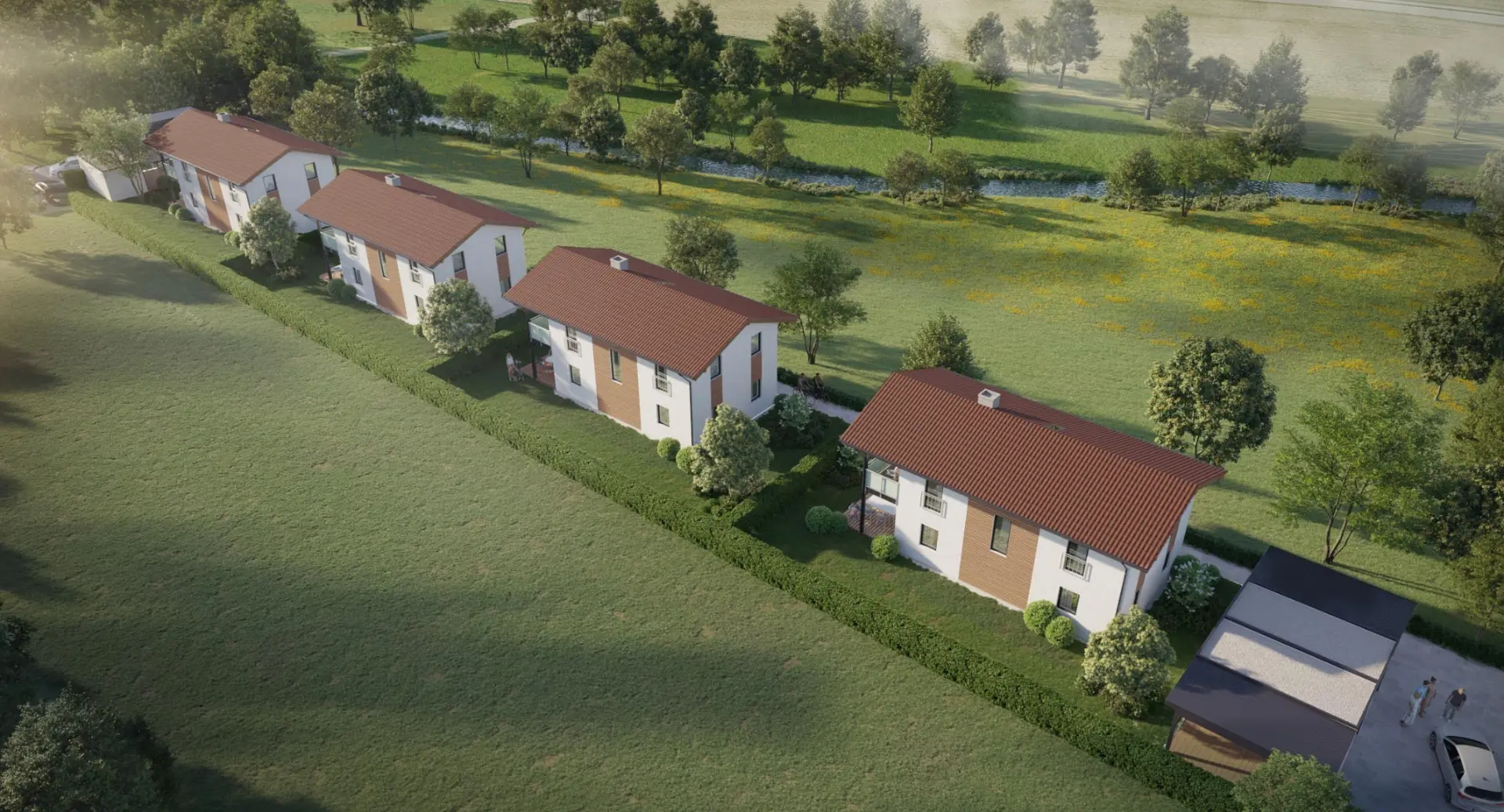 Visualisierung Bauprojekt Burgkirchen, Vogelperspektive der Häuserzeile